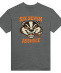 Gråmelerad t-shirt med grafiskt tryck av en vresig grävling och orange text