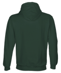 En enfärgad mörkgrön hoodie med luva och ribbade muddar, sedd bakifrån.