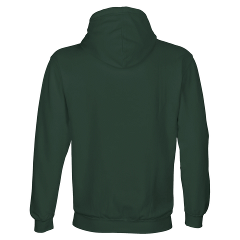 En enfärgad mörkgrön hoodie med luva och ribbade muddar, sedd bakifrån.