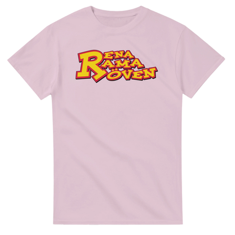 Färgstark illustration med texten Rena Rama Röven på rosa t-shirt