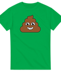 Bajsemoji med glatt leende ansikte på grön t-shirt.