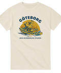 Grafiskt tryck av fiskmås framför Göteborgs silhuett – naturvit t-shirt