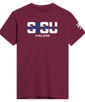 Sisu Finland-tryck med finska flaggan i bokstäverna på en mörkröd premium t-shirt.