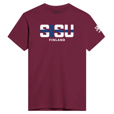 Sisu Finland-tryck med finska flaggan i bokstäverna på en mörkröd premium t-shirt.
