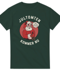 Satiriskt julmotiv med pratbubbla och retro jultomte på mörkgrön t-shirt