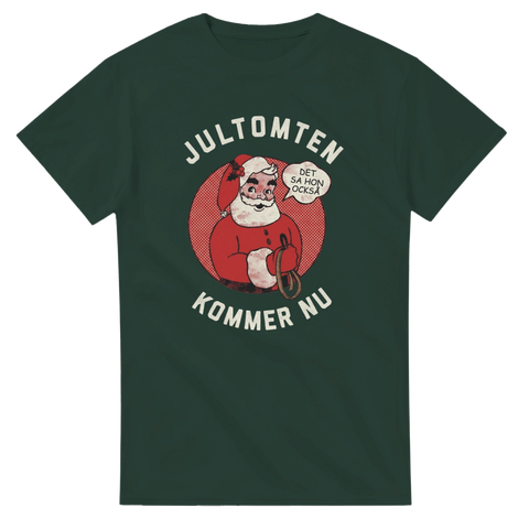 Satiriskt julmotiv med pratbubbla och retro jultomte på mörkgrön t-shirt