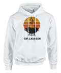 Retro grillmotiv med texten "GRILLKUNGEN" på vit hoodie.