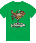 Retro tryck med texten Dirty Obviously och björn på en grön t-shirt