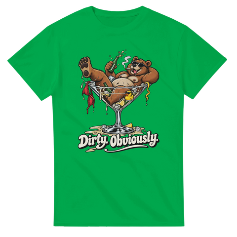 Retro tryck med texten Dirty Obviously och björn på en grön t-shirt