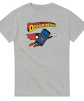 Gråmelerad t-shirt med komisk illustration av en smartphone som superhjälte
