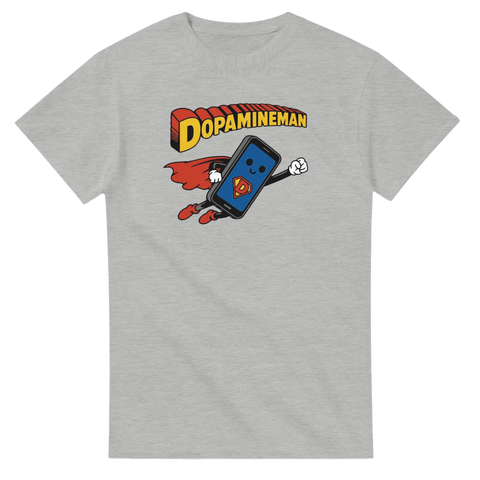 Gråmelerad t-shirt med komisk illustration av en smartphone som superhjälte