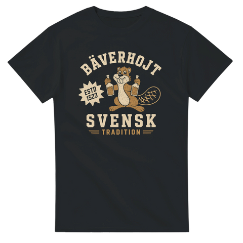 Retro emblem med bäver som håller flaskor – grafisk t-shirt med texten Bäverhojt