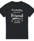 Svart t-shirt med humoristisk text och grafiska humle-detaljer