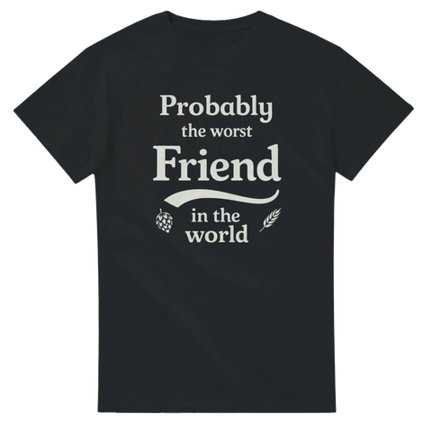Svart t-shirt med humoristisk text och grafiska humle-detaljer