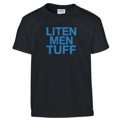 Blått texttryck Liten men tuff på svart barntröja – kaxig stil