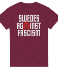Anarkistisk symbol och antifascistisk text på vinröd t-shirt med grafisk design
