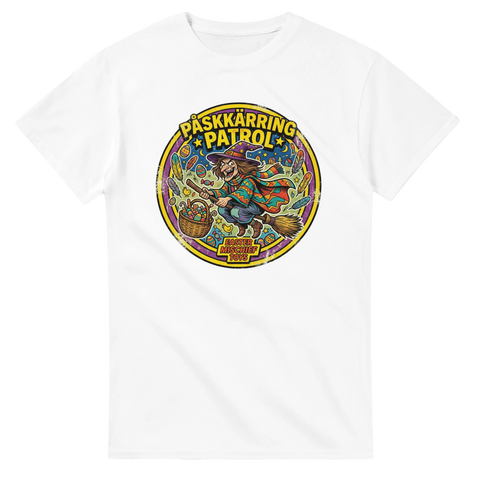 Humoristiskt tryck av flygande påskkärring i cirkeldesign – t-shirt