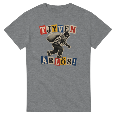 Vintage-inspirerat tryck med en tjuv och utklippta bokstäver – snygg t-shirt