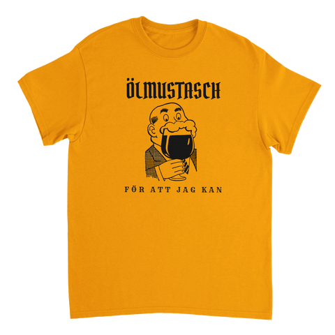 Retro illustration av gubbe med ölskum som mustasch på gul t-shirt