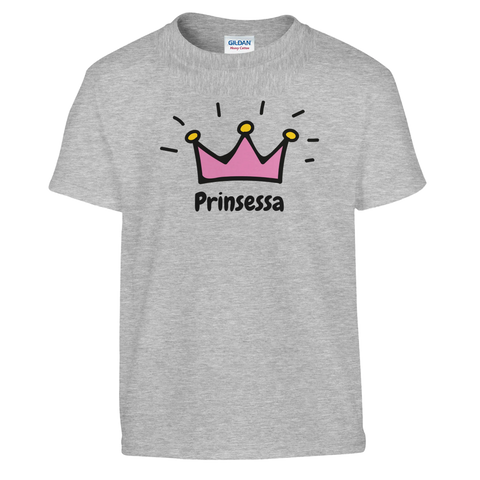 Självsäker design med kron-motiv och texten Prinsessa – grå barn-t-shirt
