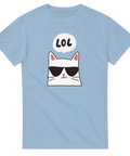 Tecknad vit katt med solglasögon, bubbla med "LOL", på ljusblå t-shirt.