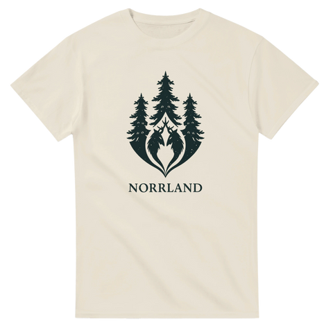 Symmetriskt skogstryck med älgar och texten Norrland – off-white t-shirt