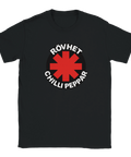 Svart t-shirt med provokativ och humoristisk illustration inspirerad av klassisk rockestetik