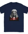 Marinblå t-shirt med grafiskt motiv av en domare och texten Obey