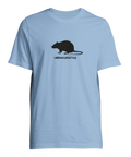 Ljusblå t-shirt med ett stilrent och absurt råttmotiv