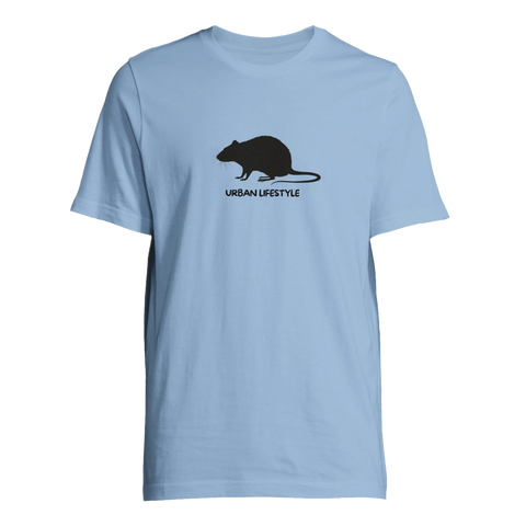 Ljusblå t-shirt med ett stilrent och absurt råttmotiv