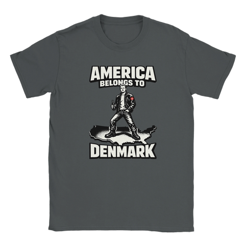Grafiskt motiv med politisk satir och dansk flagga på grå t-shirt