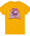 Gulorange t-shirt med texten ”Möhippa”, discokula, rosa rosett och brudslöja.
