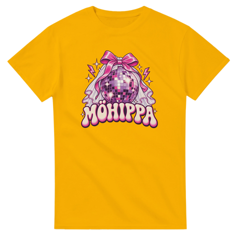 Gulorange t-shirt med texten ”Möhippa”, discokula, rosa rosett och brudslöja.