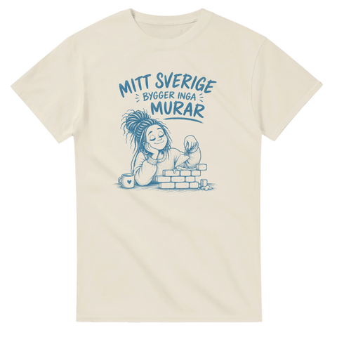 Grafiskt tryck med texten Mitt Sverige bygger inga murar – budskaps-t-shirt