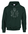 Vitt tecknat monster med tentakler på mörkgrön hoodie.