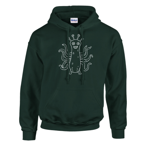 Vitt tecknat monster med tentakler på mörkgrön hoodie.