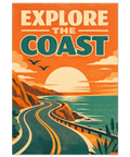 Illustration av en slingrande kustväg i solnedgång med texten Explore the Coast i orange, teal och sandtoner.