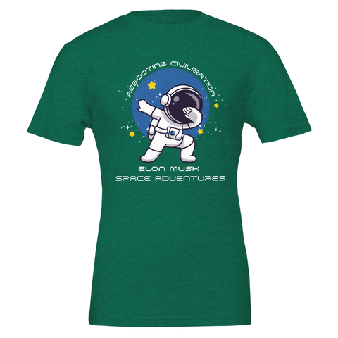 Grafiskt rymdmotiv med texten Rebooting Civilization – grön Elon Musk t-shirt