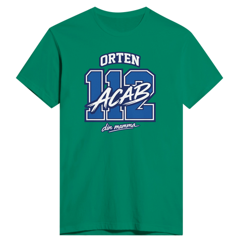 ORTEN 112 ACAB din mamma" tryck i vitt och blått på grön premium t-shirt.