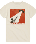 Vintage sci-fi illustration med rymdskepp och texten Obey the Signal