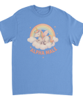Tecknad enhörning på moln med regnbåge och text "ALPHA MALE" på ljusblå t-shirt.