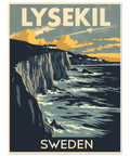 Retro travel poster av Lysekil med dramatiska granitklippor och hav