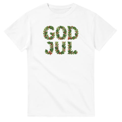Vintergröna kransar formade som bokstäver i ett God Jul-motiv – t-shirt