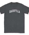 T-shirt med dagsfylla-text i vit bågformad collegestil på gråmelerad bakgrund
