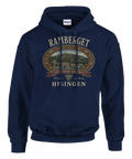 Grafiskt tryck av Ramberget och hamnen på en marinblå hoodie