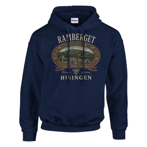 Grafiskt tryck av Ramberget och hamnen på en marinblå hoodie