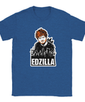 Humoristiskt grafiskt Edzilla-motiv med orange detaljer på blåmelerad t-shirt