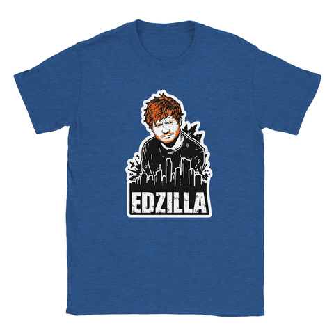Humoristiskt grafiskt Edzilla-motiv med orange detaljer på blåmelerad t-shirt