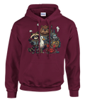 Vinröd hoodie med ett humoristiskt gäng av mekaniska djurkaraktärer