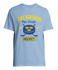 Ljusblå t-shirt med Tre Kronor hockey-illustration och svensk text